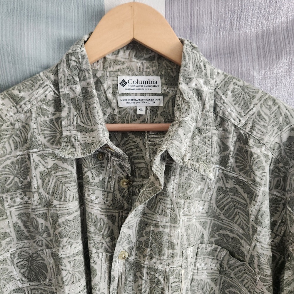 Vtg Columbia Mens XXL Green Tropical Leaf Print Short Sleeve Button Down Shirt
